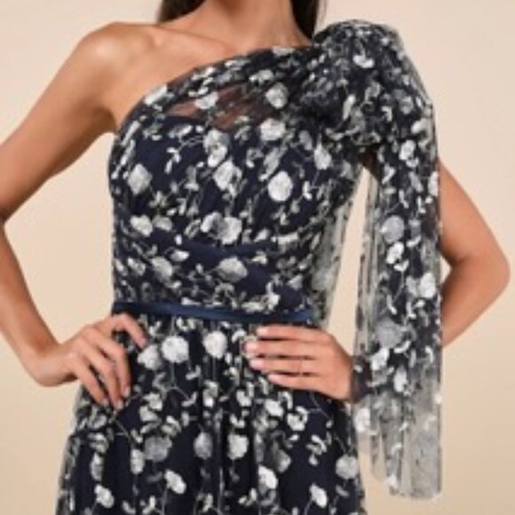 Lulu's Whimsical Allure Navy Mesh Embroidered One-Shoulder Maxi Dress - Picture 3 of 10